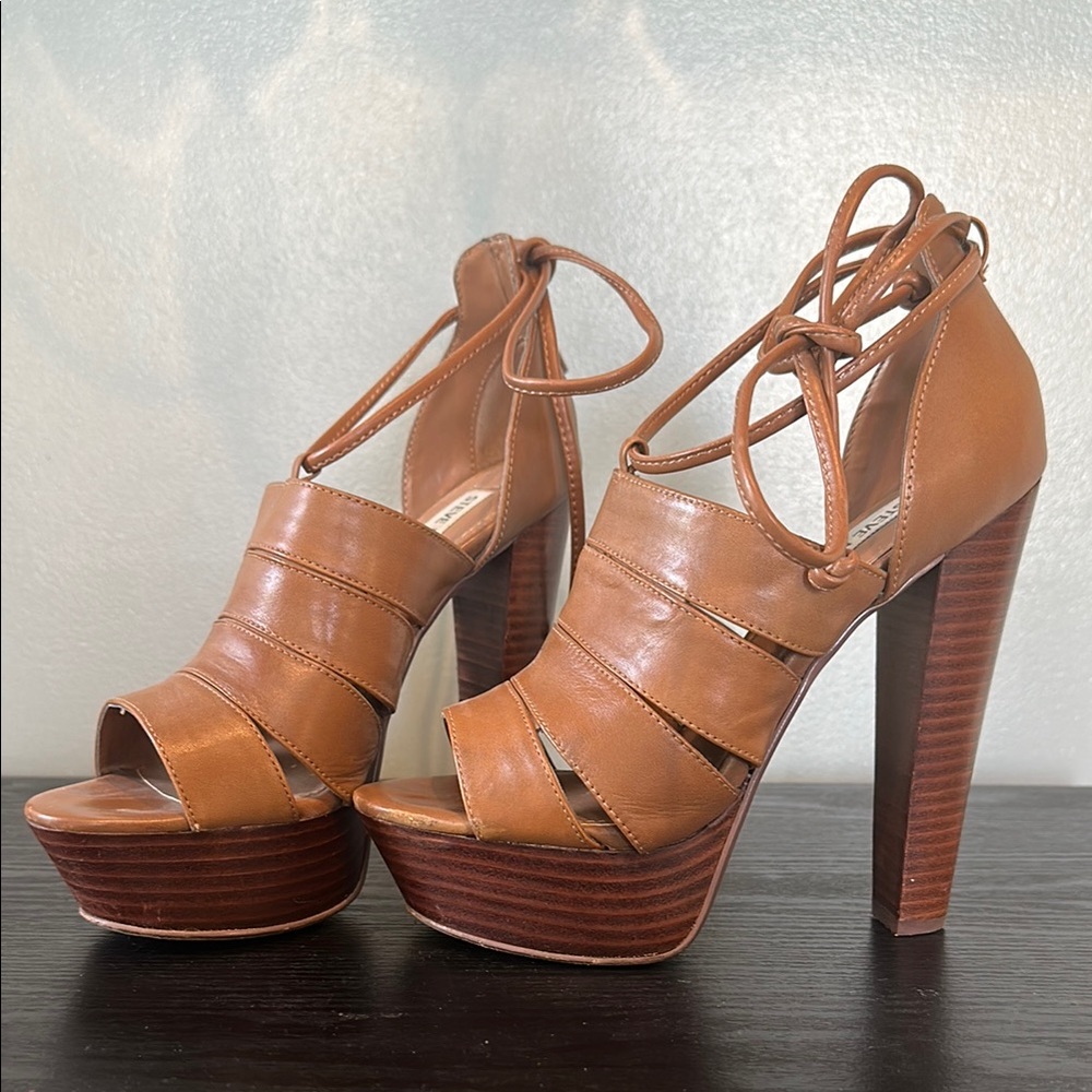 Tan Leather Platform Heeled Sandals